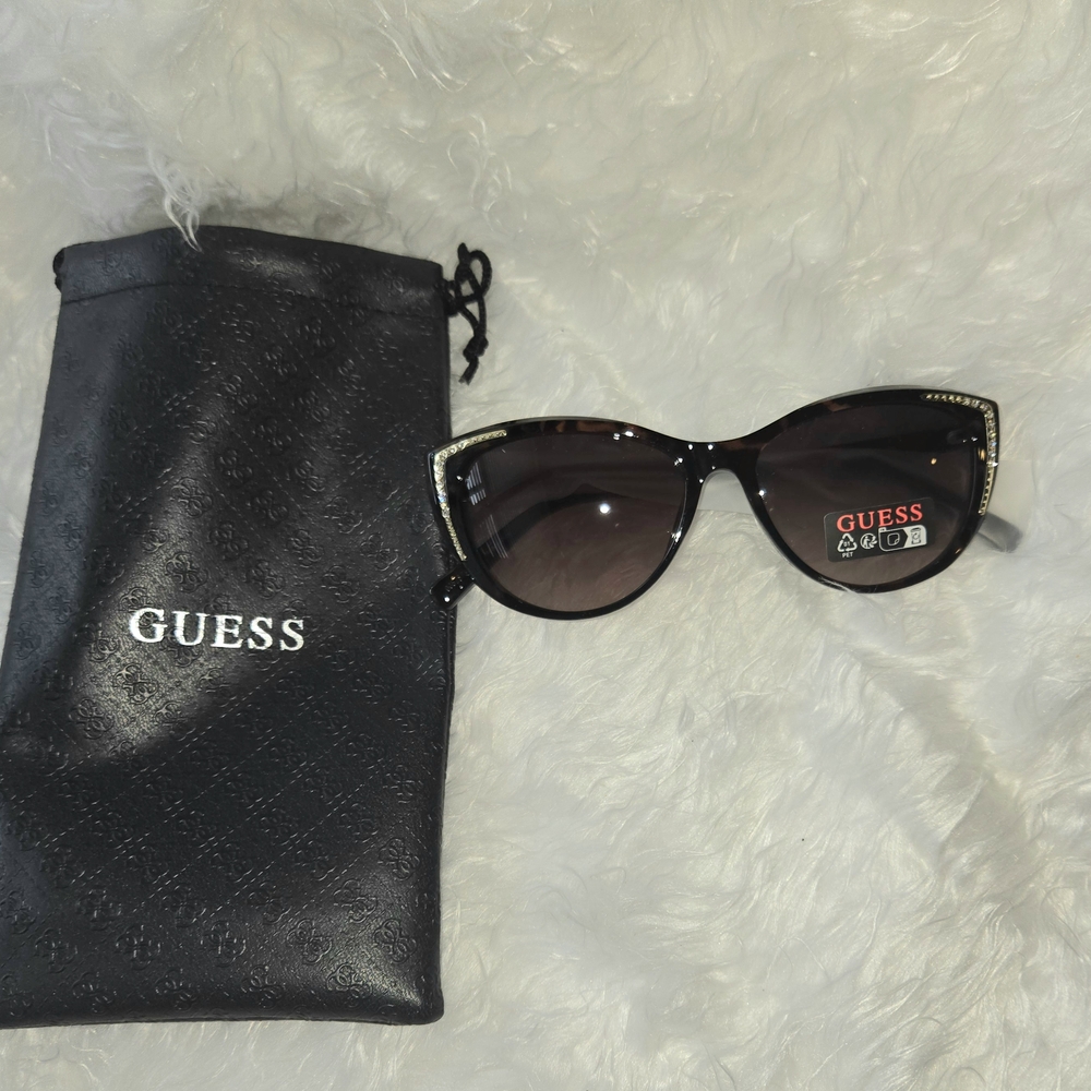 Guess Women's Cat Eye Sunglasses with Gold Accents And Rhinestones Havana Brown